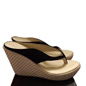 WOMEN’S BLACK BOHEMIAN-STYLE HIGH-HEELED FLIP-FLOP WEDGE SANDALS, SIZE 7.5